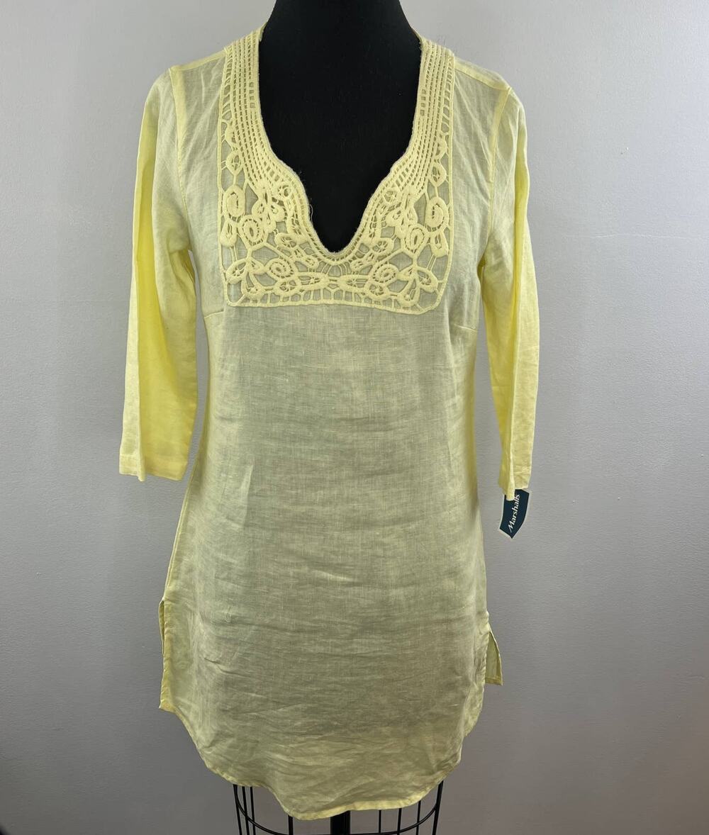 MALVIN Linen Yellow Embroidered V-Neck 3/4 Sleeve Light Tunic Dress S 6 NEW
